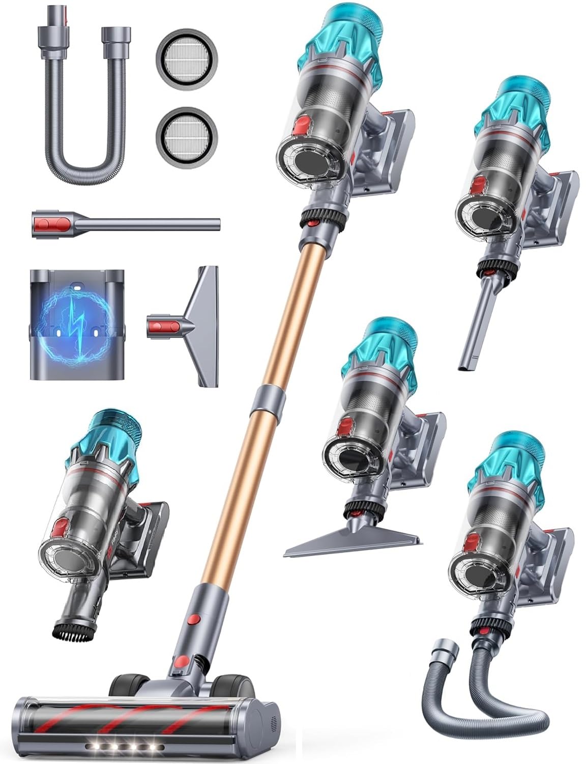 Battery Vacuum Cleaner 550 W/45 KPa, 60 Mins Running Time, Wireless Vacuum Cleaner with Stand Function, Wall Mount with Integrated Charging Station, Touch Screen, Anti-Hair Brush for Hard Floors