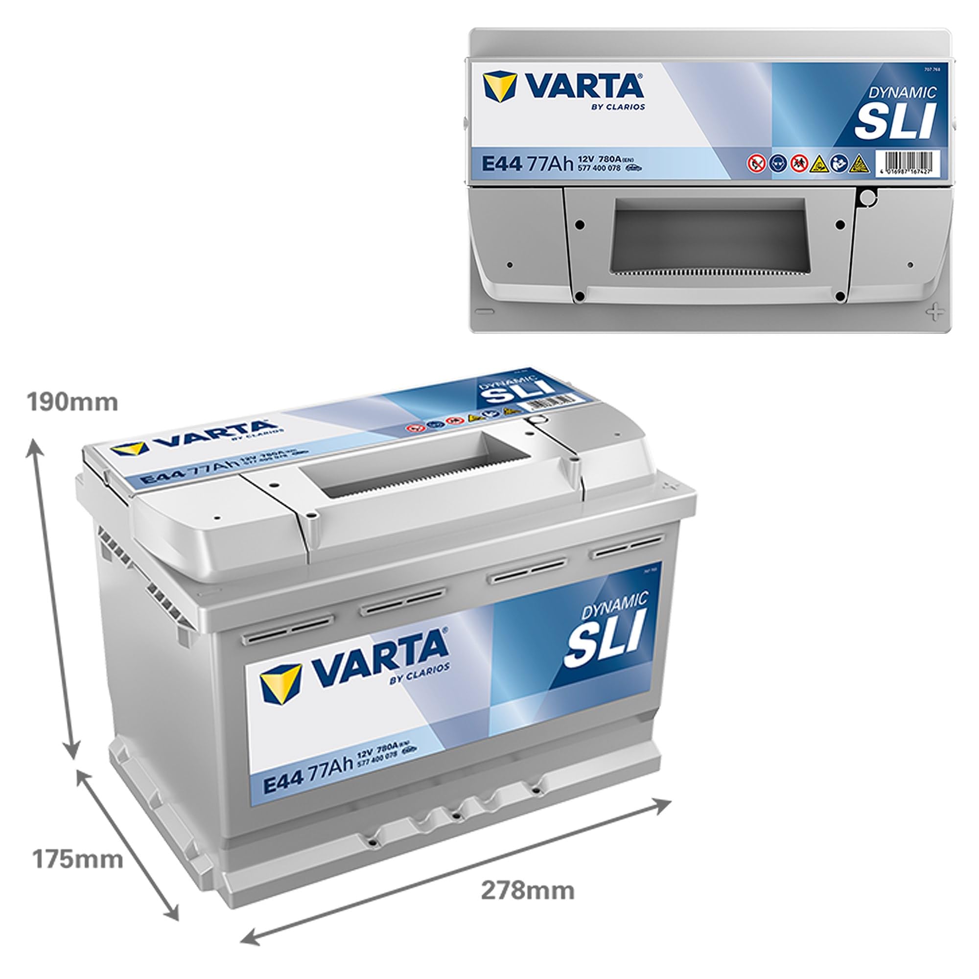 VARTA Automotive DYNAMIC SLI (E44) 12V 77Ah 780A - Batteria auto al piombo-acido per veicoli standard senza start-stop - Batteria di avviamento per fabbisogno energetico base - senza manutenzione