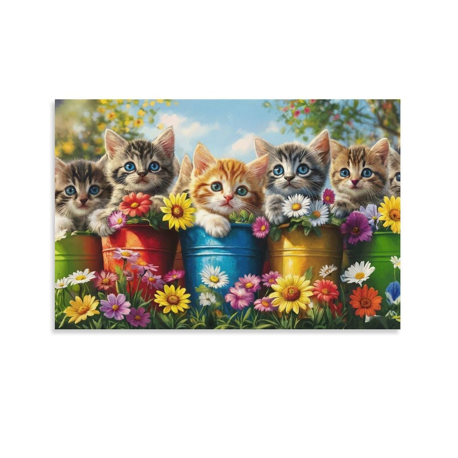 CPLVKWRQJ Cute Kittens Garden Single Kittens Colorful Metal Flower Pots Canvas Print - Living Room Gallery Wall Statement Piece Fade Resistant Ready to Hang 20x30inch(50x75cm)