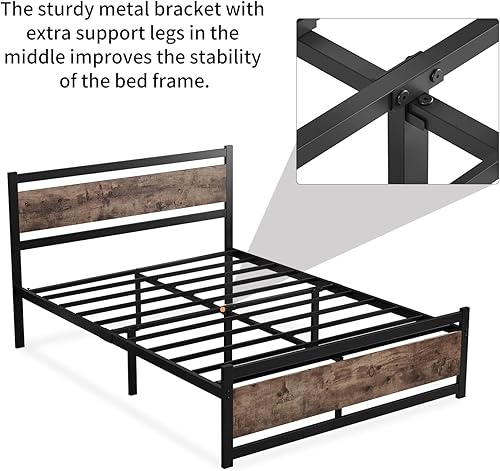 Miniatura 7 de Base de cama tamaño King con cabecera de madera, plataforma resistente, marco de cama de metal, no necesita somier, soporte de listones de metal