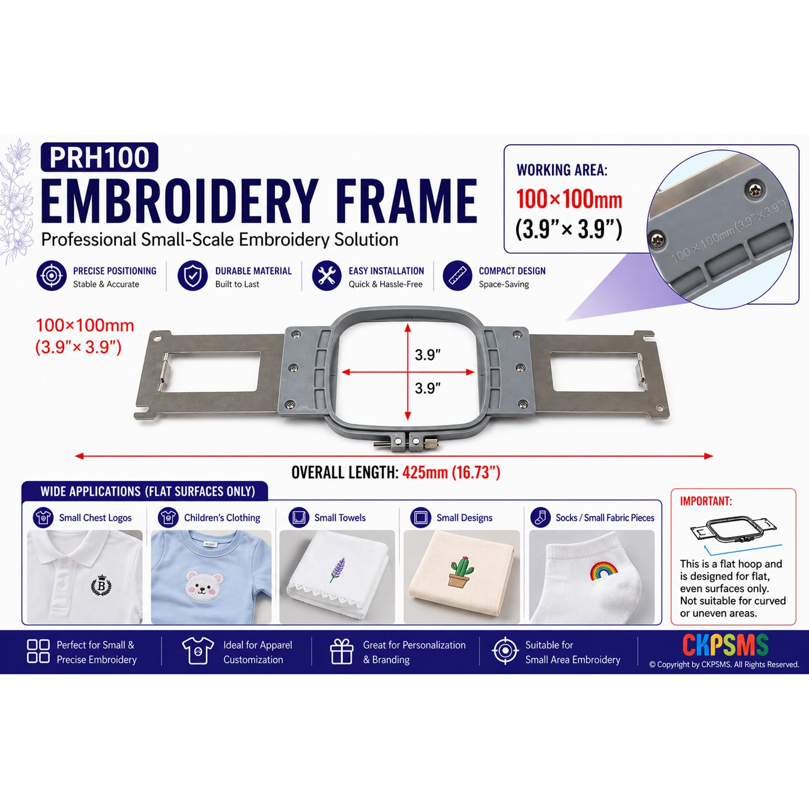 CKPSMS Marca - 1 telaio da ricamo 100mm×100mm compatibile con/sostitutivo per Babylock MarcaBMP8,BMP9,BMT6,BND9,BNT10,BNT10L,EMP6,ENT10 Brother Marca PR600,PR620,PR650,PR655,PR1000,PR1000E,PR1055