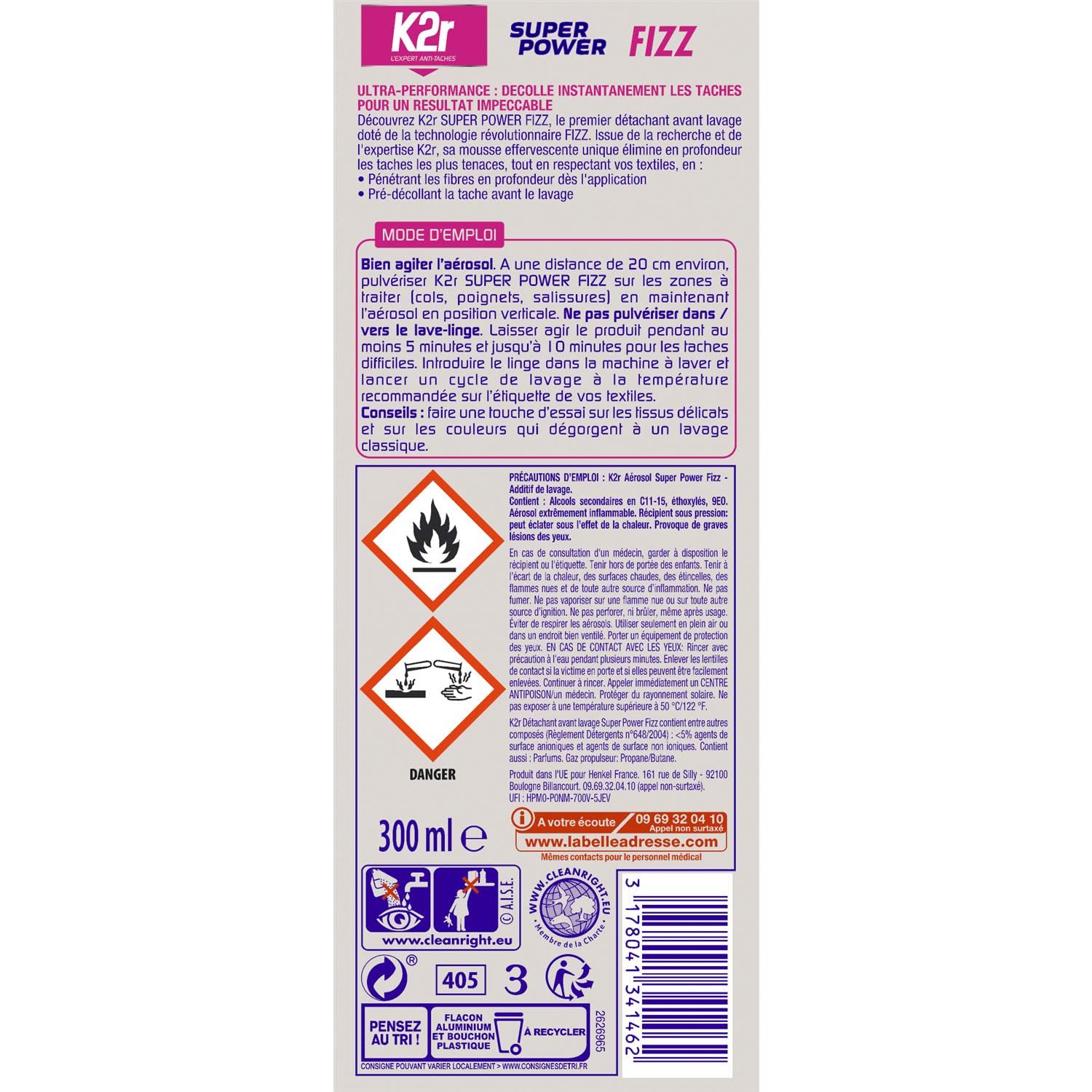 K2r 4x Supers Power Fizz - Sprühdose (300 ml) - Unparfümiert - Fleckentferner vor dem Waschen