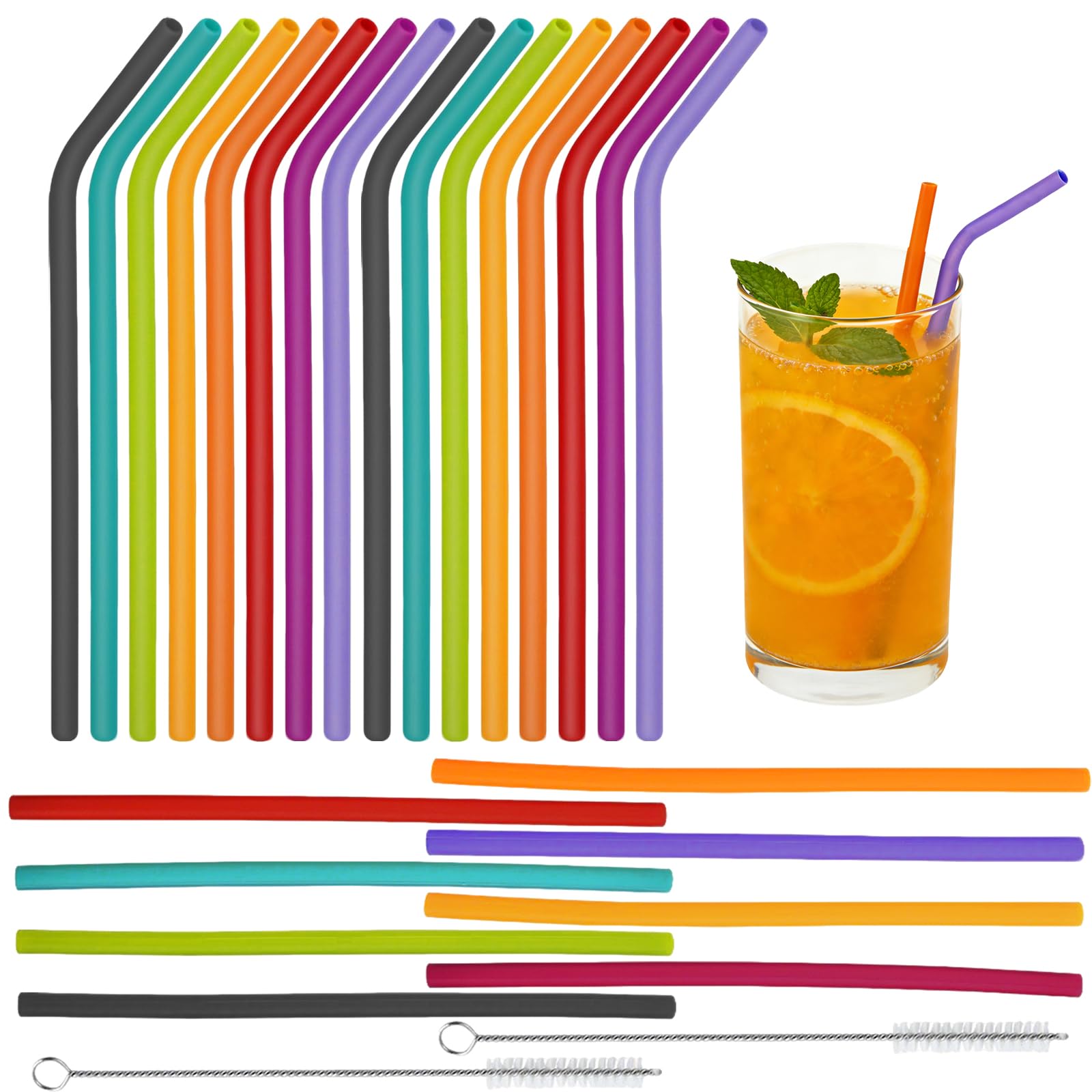 HORREX 22 Piezas Pajitas Reutilizables Incluye 2 Cepillo Limpiador, Ecológico Resistente Pajitas Silicona, Coloridas Silicona Plegable Ecológico para Bebidas Frías Juice Coffee Cóctel
