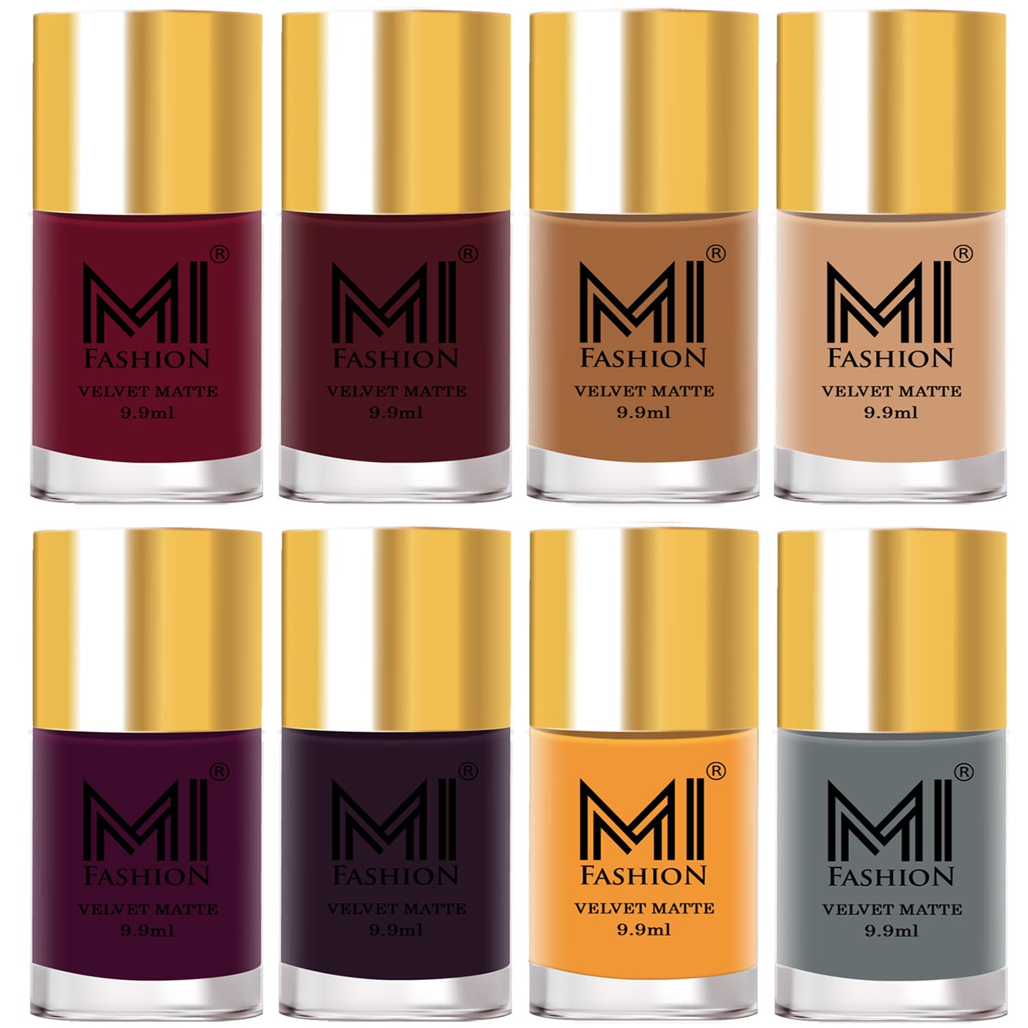 MI FASHION Velvet Matte Highly Pigmented Nail Paint Multicolor Combo Stay-Smooth Application Ultra Long-Lasting Top Coat 9.9ml Each (Set-8)-image-47