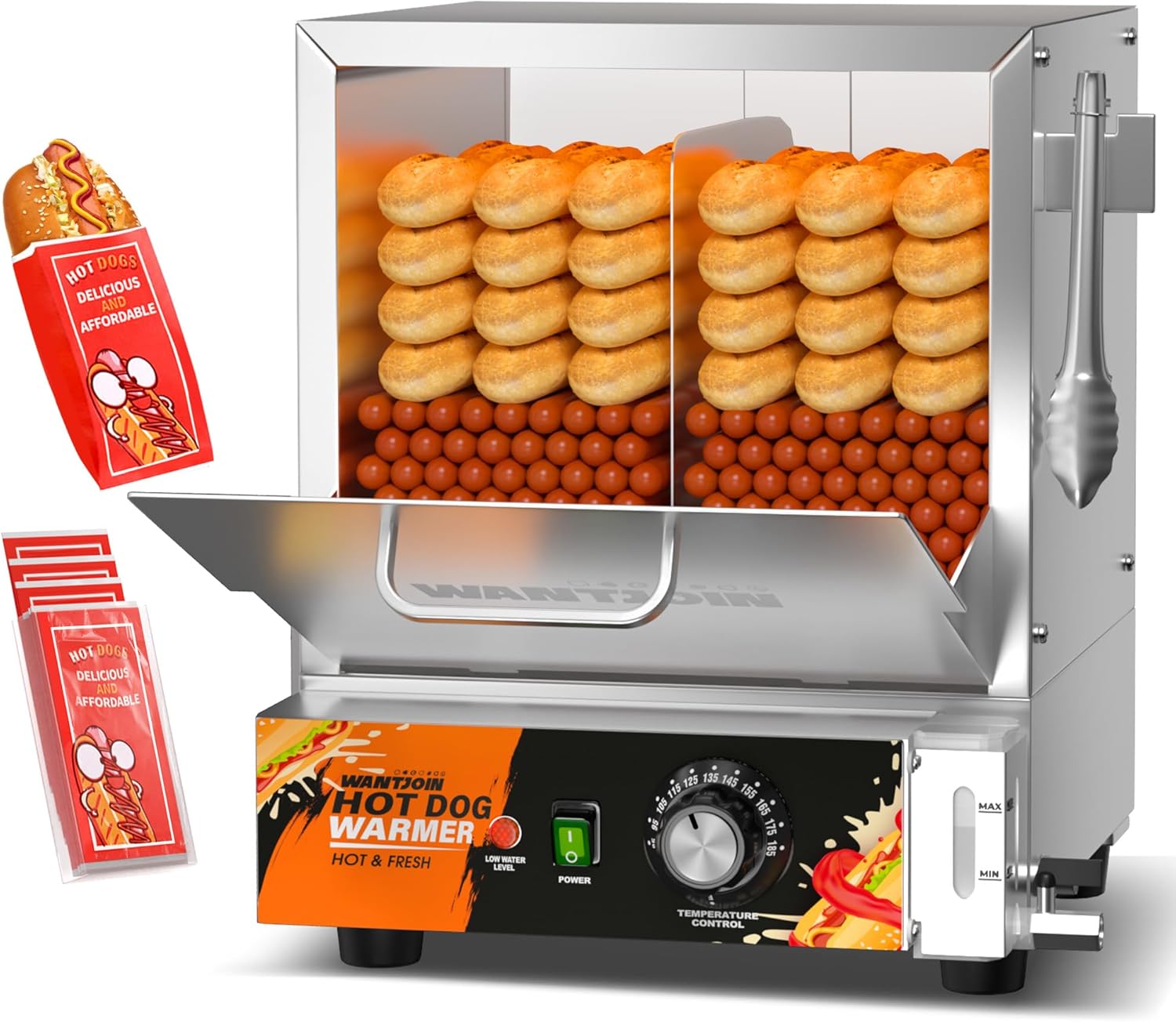 Commercial Hot Dog Steamer - 28.8QT Hot Dog Steamer Machine with Bun Warmer