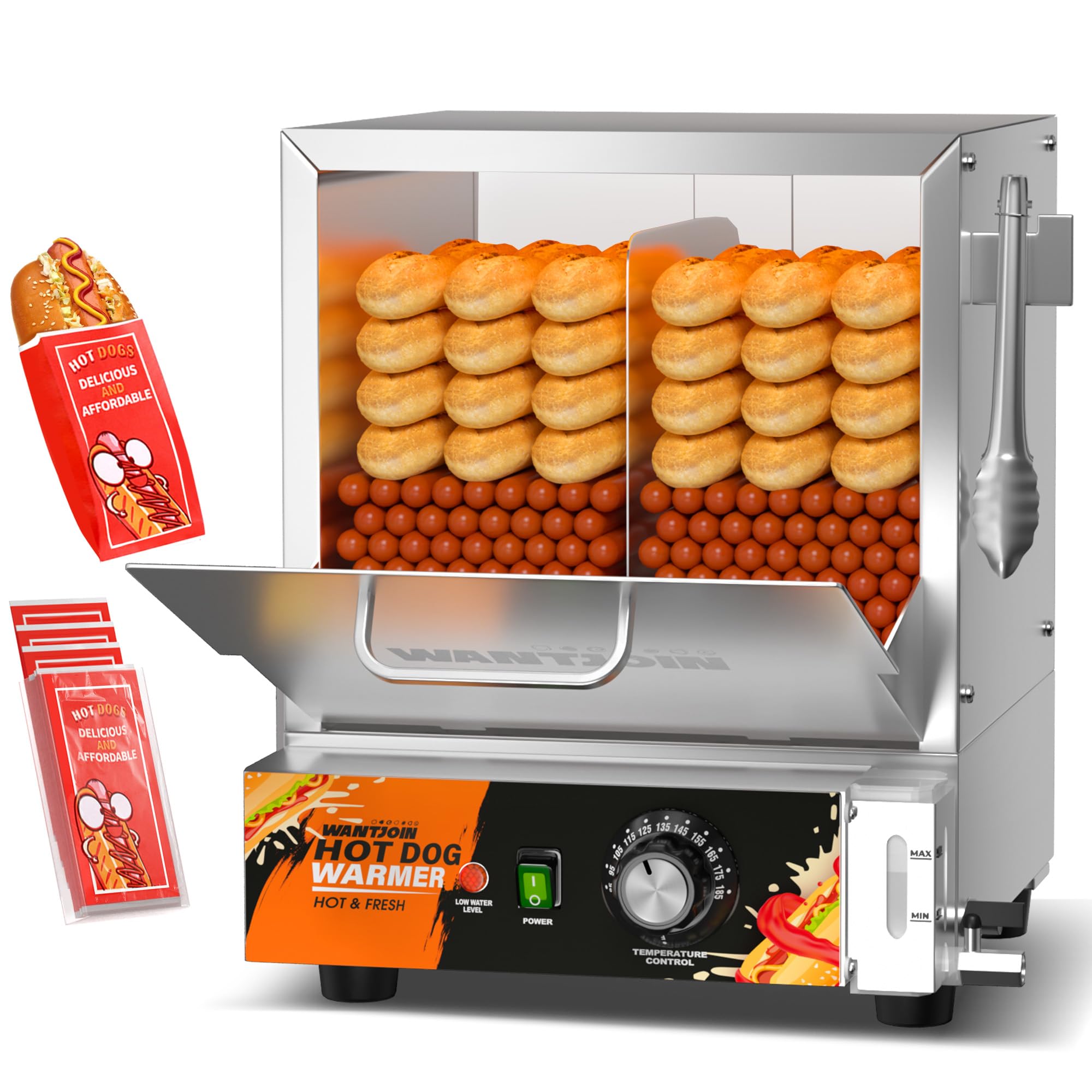 Hot Dog Steamer - 28.8QT Hotdog Machine with Bun Warmer Commercial Electric Hotdogs Buns Warmer Stainless Steel Tempered Glass Steamer Machine for 160-175 Sausages & 30-40 Buns