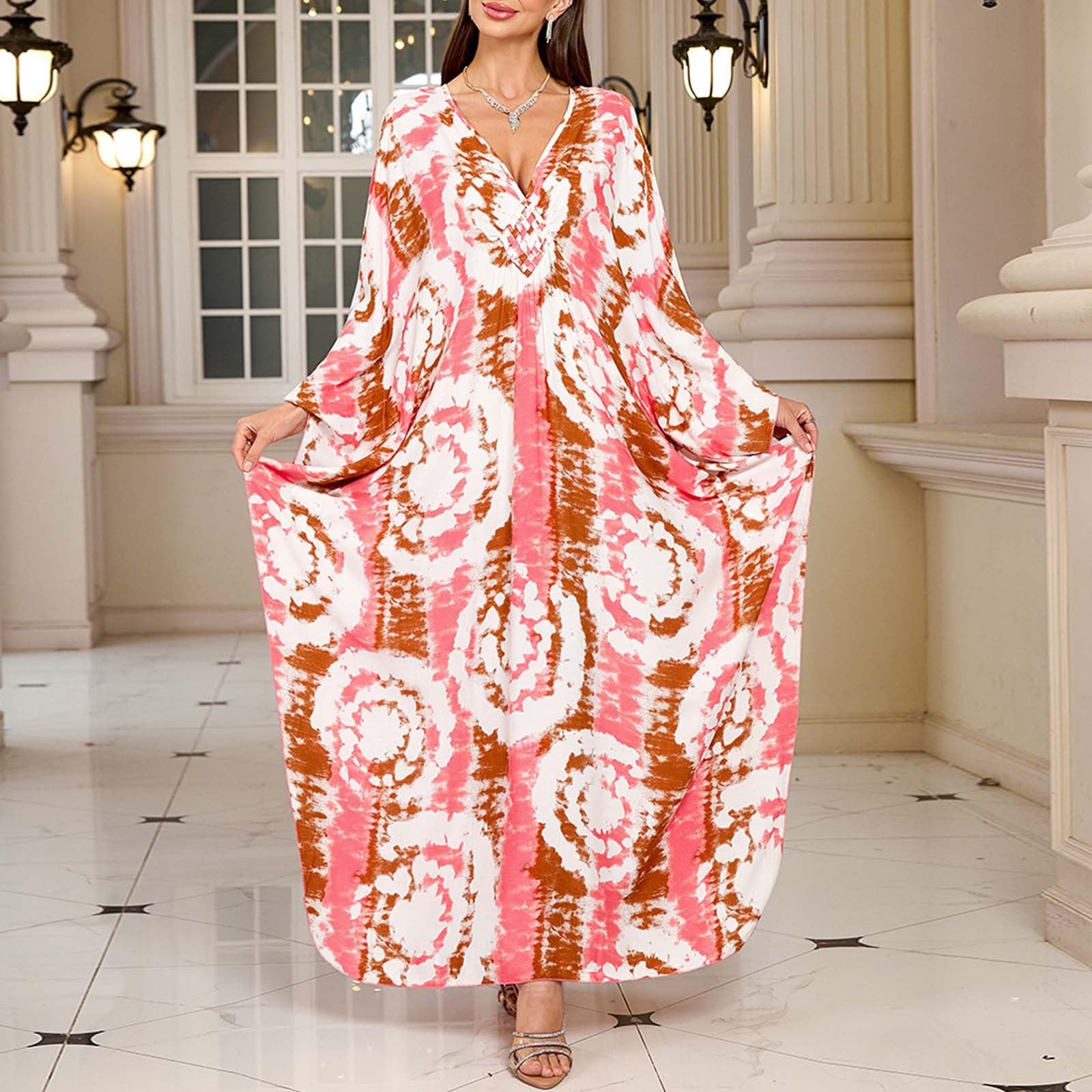 Generico Caftano Donna Mare Vestito Elegante Lungo Loungewear Estivo Casual Copricostume Ideale BohéMien Kaftano Spiaggia per Vacanze