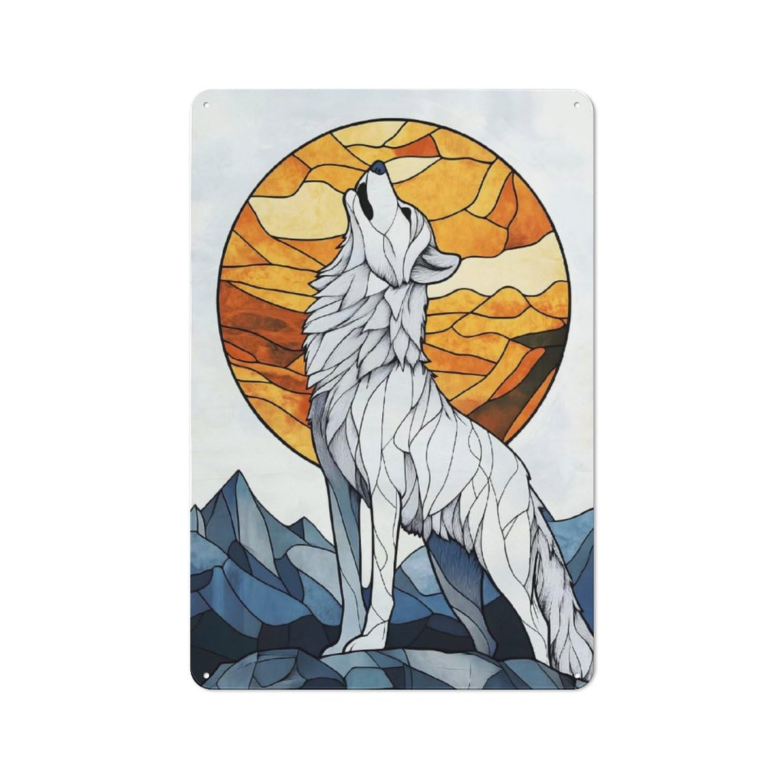 Junmoney Wolf Howling At The Moon Retro Metal Wall Sign 30X20cm For Hobby Room Or Studio, For Garage, Workshop And Man Cave Decoration
