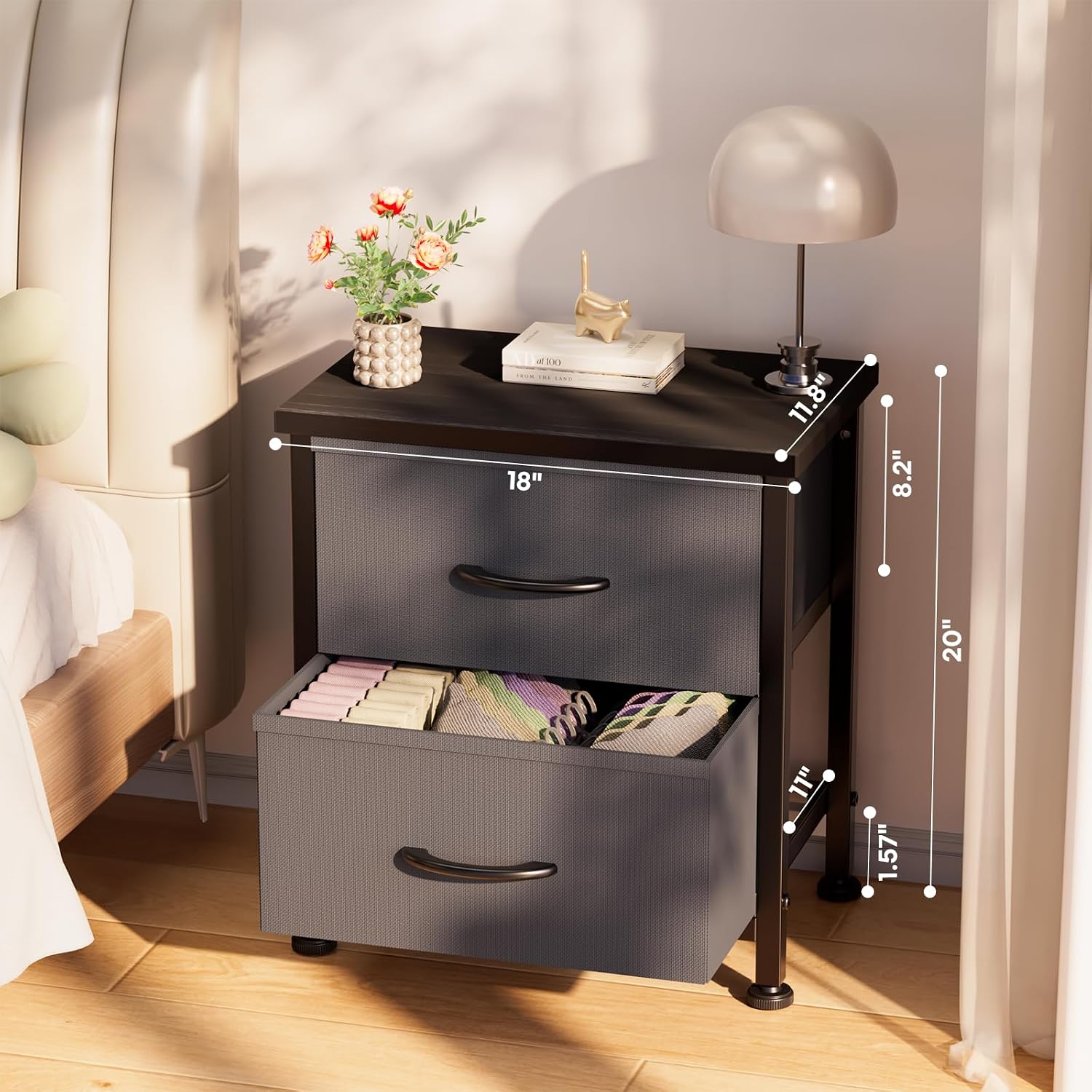 Simple Deluxe Nightstand 2 Drawers Dresser for Bedroom, 3-Tier Bedside Table with Fabric Bins, Night Stand Set 2, End Table for Living Room, Adjustable Feet, Wood top Load-Bearing up to 44 lb, Gray