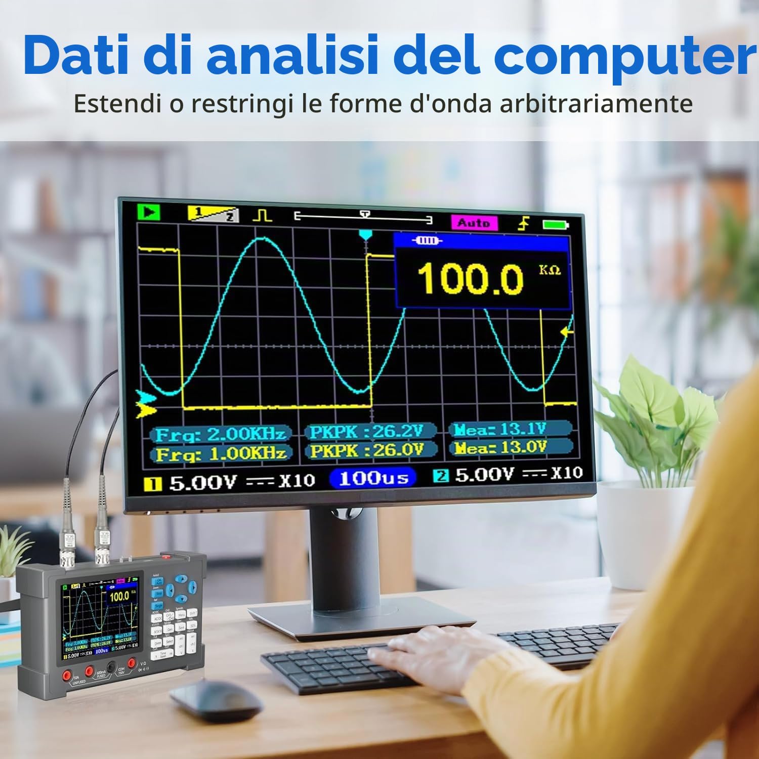 Oscilloscopio digitale 3 in 1, DSO3D12, oscilloscopio a 2 canali, multimetro e generatore di segnale, larghezza di banda 120 MHz, frequenza di campionamento 250/s, display IPS da 3,2 pollici, design