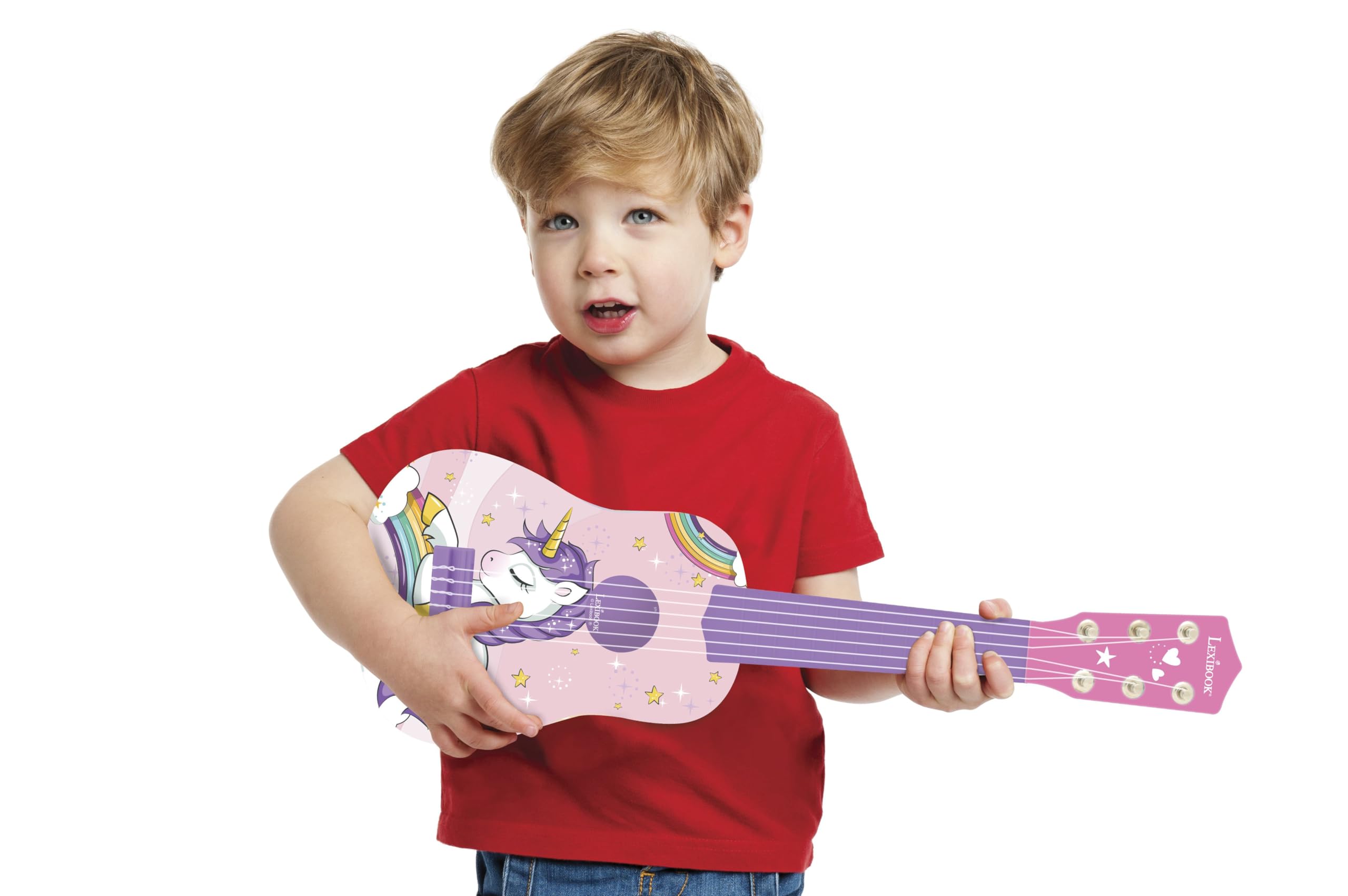 Lexibook, Jednorożec, My First Guitar dla dzieci, 6 strun nylonowych, długość 53 cm, przewodnik w zestawie, różowy, K200UNILXB