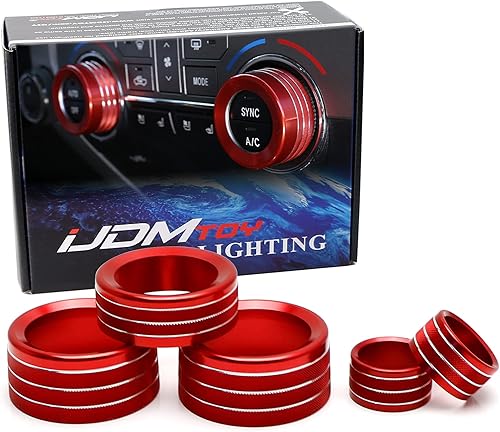 iJDMTOY Juego de 5 cubiertas de anillo giratorio de interruptor de aluminio rojo para aire acondicionado de volumen estéreoTune 2WD4WD compatibles