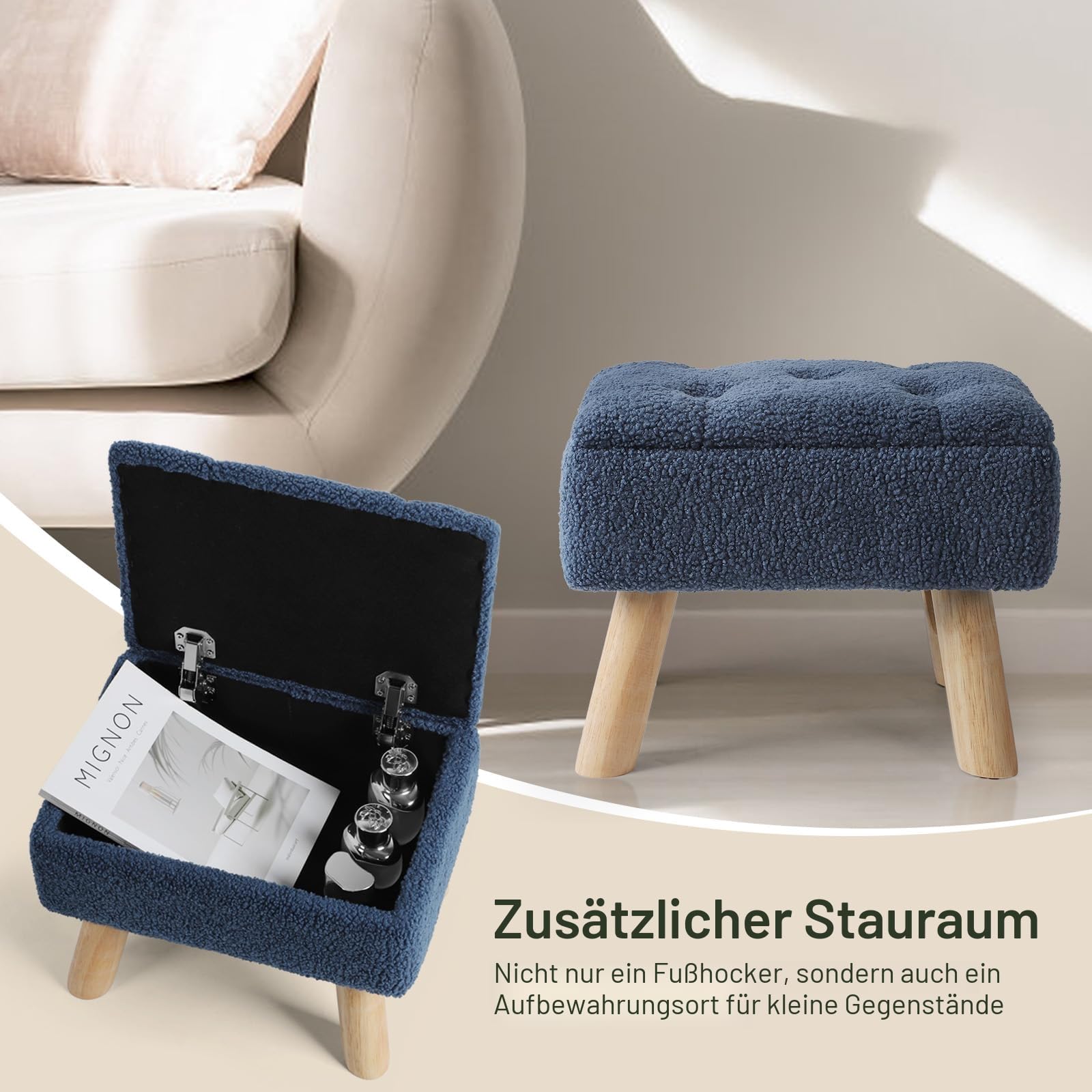 Sitzhocker Mit Stauraum, kleiner Fußhocker mit Stauraum, Fußstütze aus Bouclé-Teddy-Samt mit gepolstertem Sitz, Hocker mit stabilen Holzbeinen für Wohnzimmer, Schlafzimmer, Cremefarben (Dunkelblau) Küche, Haushalt & Wohnen