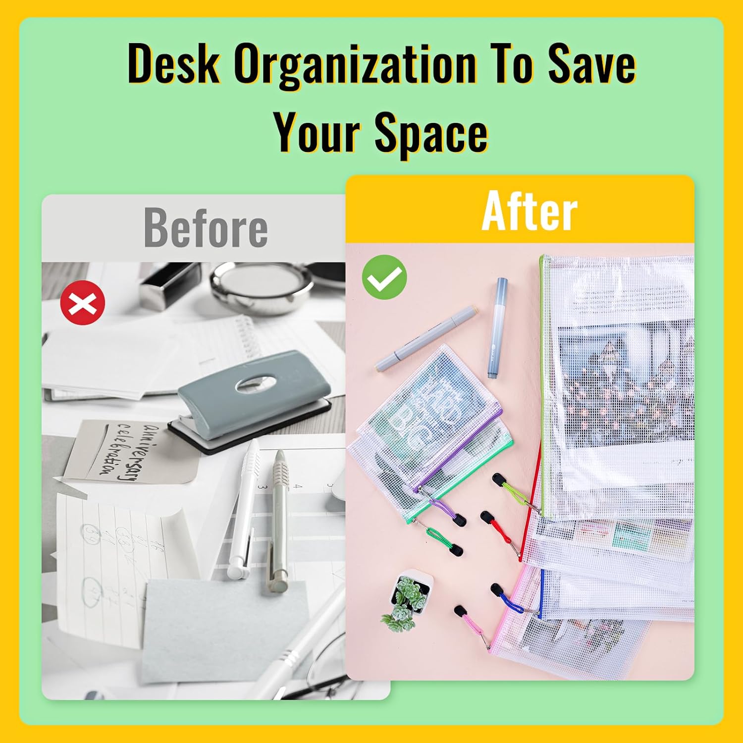 EOOUT 14pcs Zip Pouch Organizers, Mesh Bags with Zipper, 8 Sizes 14 Colors, Waterproof, for Travel, School, Office & Home - Image 5