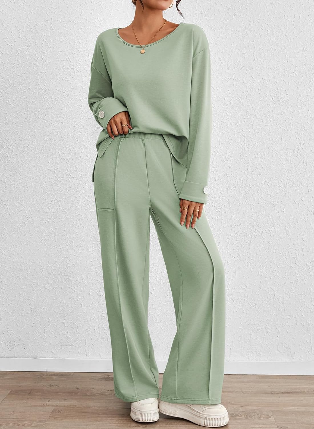 Viottiset Women's 2 Piece Set Casual Outfits Knit Top Wide Leg Sweater Long Sleeve Lounge Set Sweatsuit - Image 2