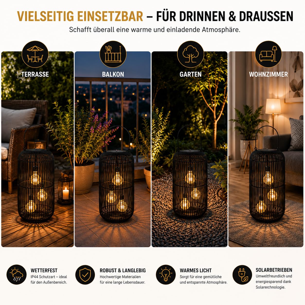 formano Solarlaterne Außen Rattan Look 45 cm mit 3 LED Birnen & Sensor