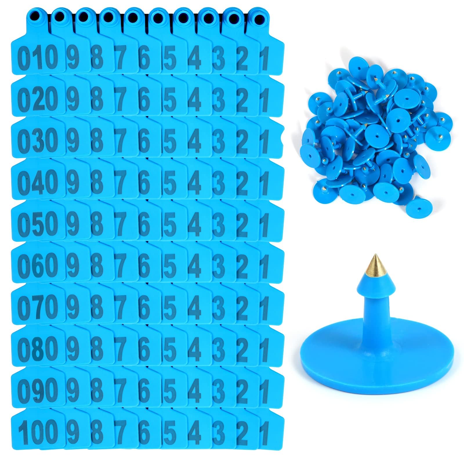 Livestock Identification Tags， Cattle Ear Tags with Number 001-100/101-200/201-300/301-400/401-500 Plastic Livestock,1-100/1-10(Navy,1 100)