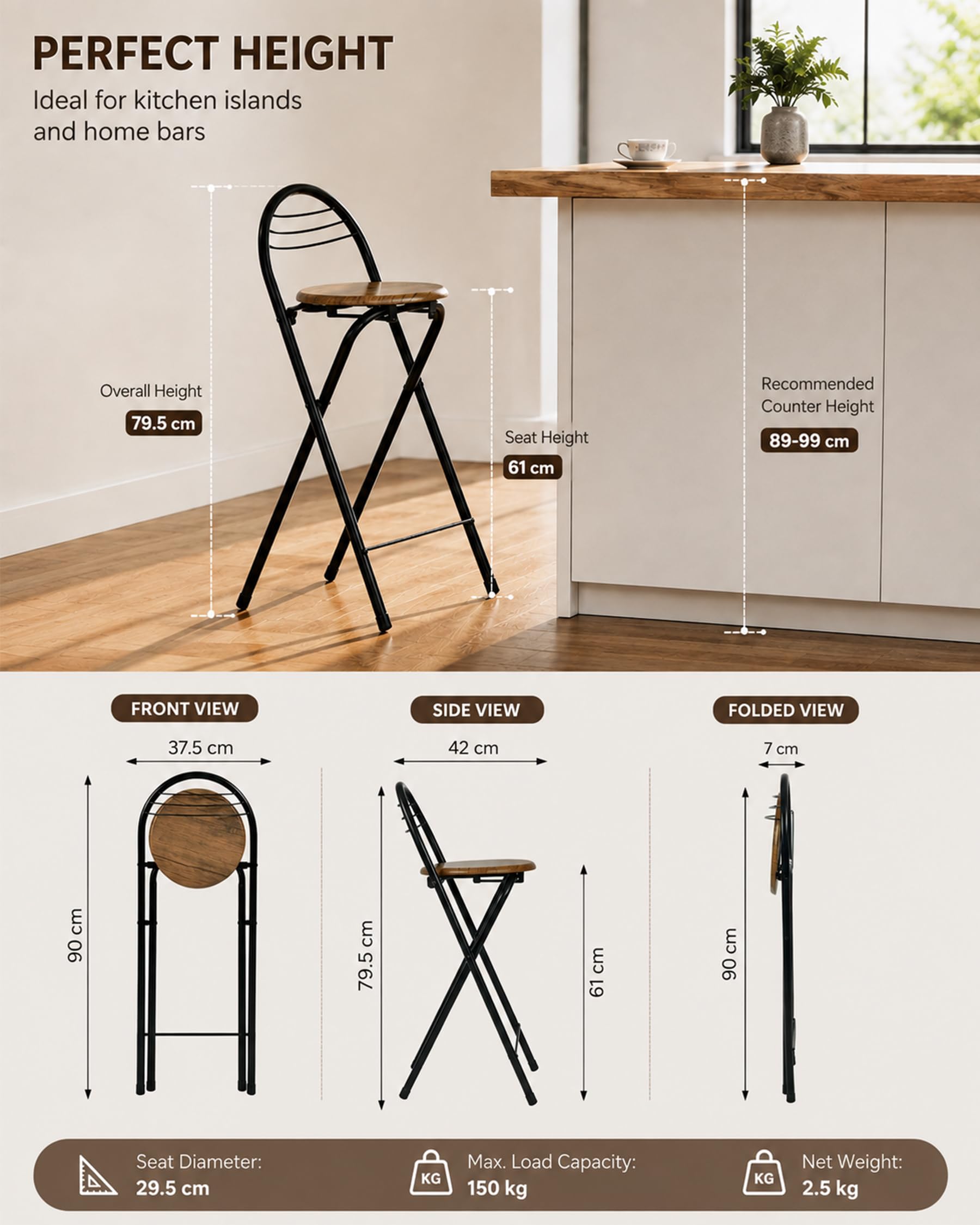 Tabouret de Bar Lot de 2 Pliant avec Dossier Chaise Haute Bar 61cm