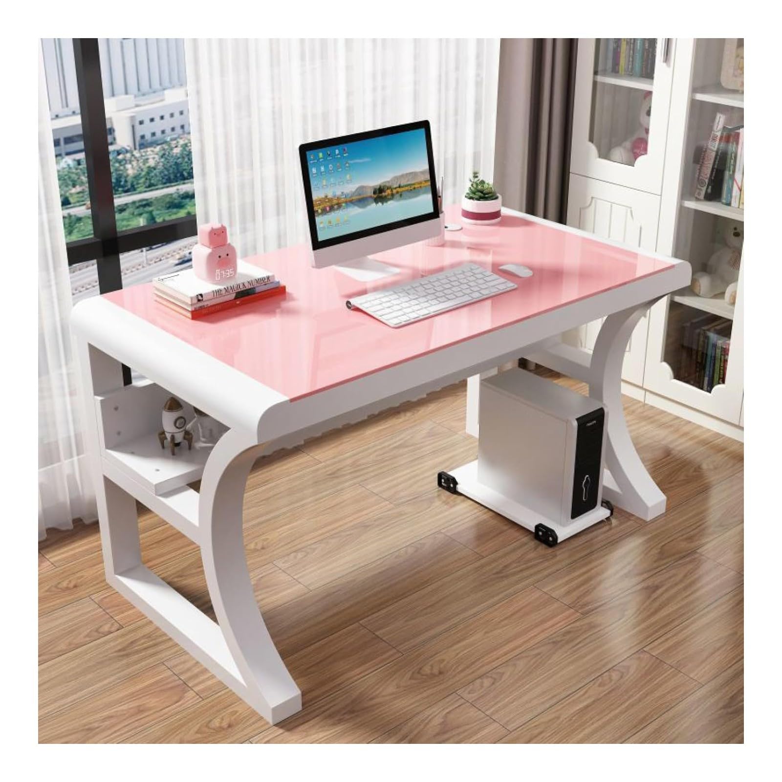 Wdsopk Pink Computer Desk Home Office Desk Tempered Glass Computer Desk, Modern Simple Computer Desk With Storage Shelves,Modern Student Study Table, Workstation（-120X60x75cm）