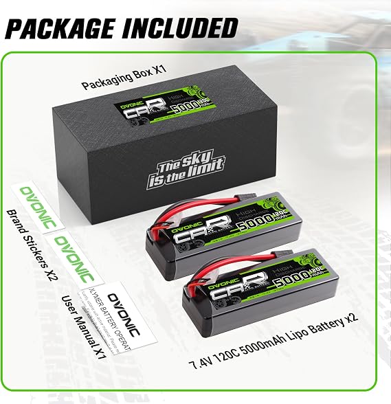 OVONIC 2S Hard Case Lipo Battery TRA Plug RC Car Battery 7.4V 120C Lipo for RC Car Trucks 1/8 1/10 RC Vehicles(2 Packs)