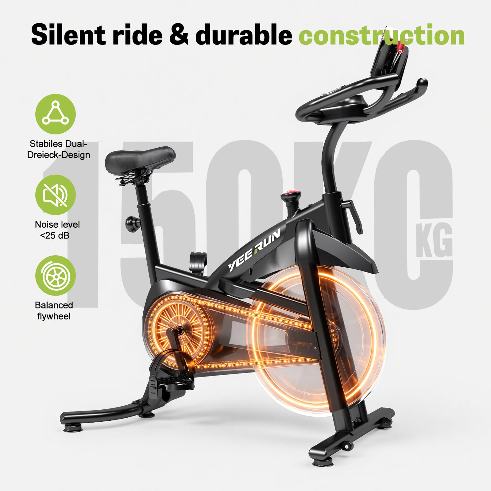Bicicleta estática Q8 silenciosa de frenado magnético | Resistencia 0-100% ajustable | Pantalla LCD multifunción | Pulsómetro | Asiento/manillar ajustables | Parada de emergencia | 150KG máx.