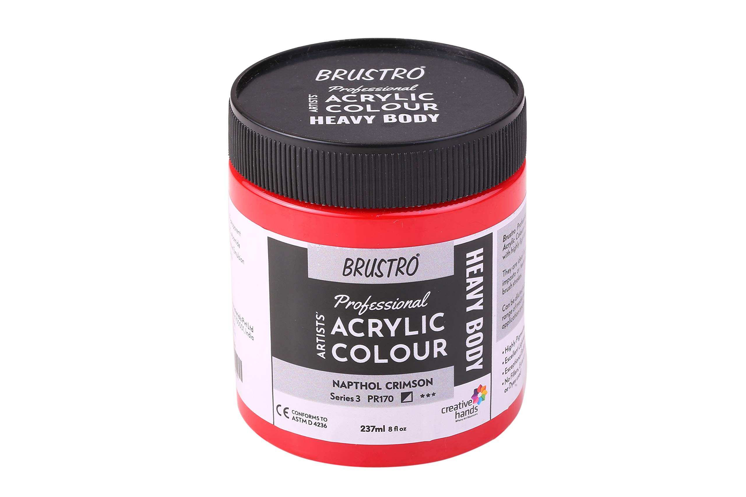 BRUSTRO Vernice acrilica professionale per artisti pesanti 237 ml Napthol Crimson (Sr 3), ideale per tecniche di pittura su tela, impasto e testurizzate, effetti dimensionali, trattiene pennellate.