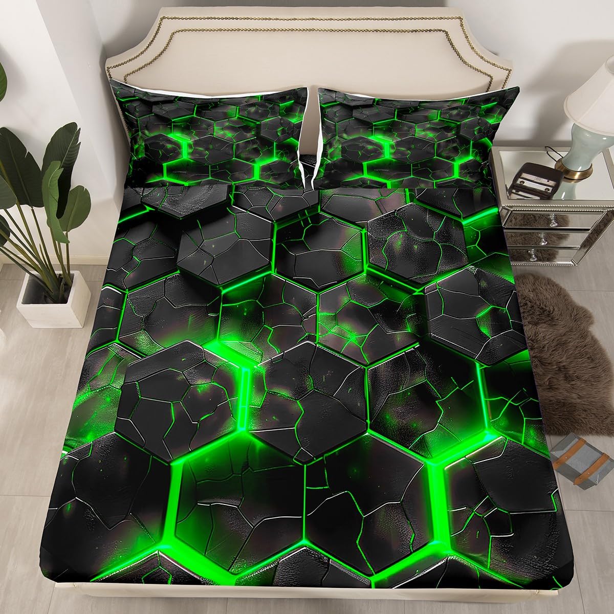 jejeloiu Green and Black Bed Sheets Set Queen Size Honeycomb Fitted Sheet for Kids Boys Girls Decor Geometrical Beehive Bedding Set