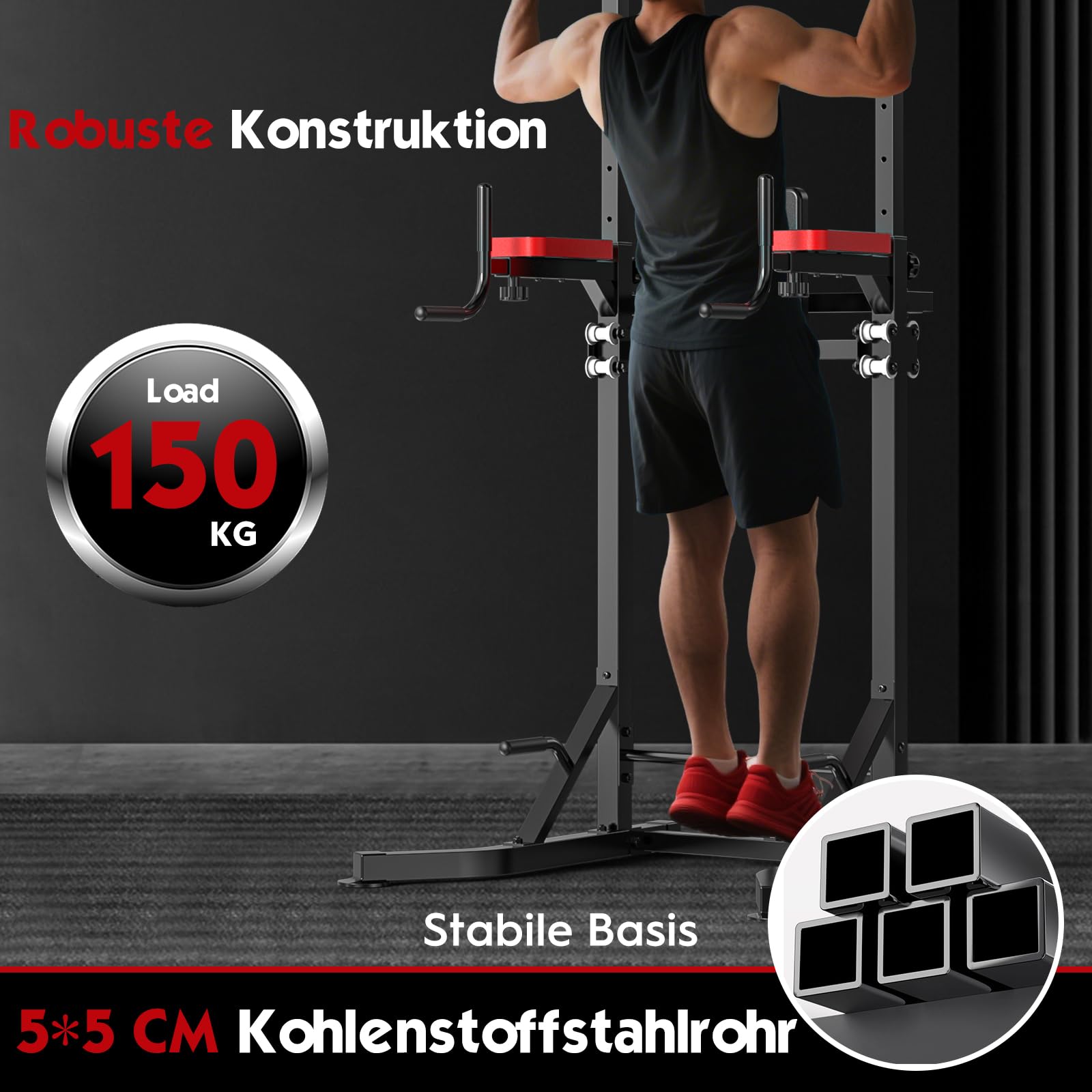 Power Tower mit Klimmzugstange freistehend – höhenverstellbare Dip Station (160–220 cm) mit Rückenstütze & Hydraulik – Erwachsene & Jugendliche Kraftstation für Zuhause