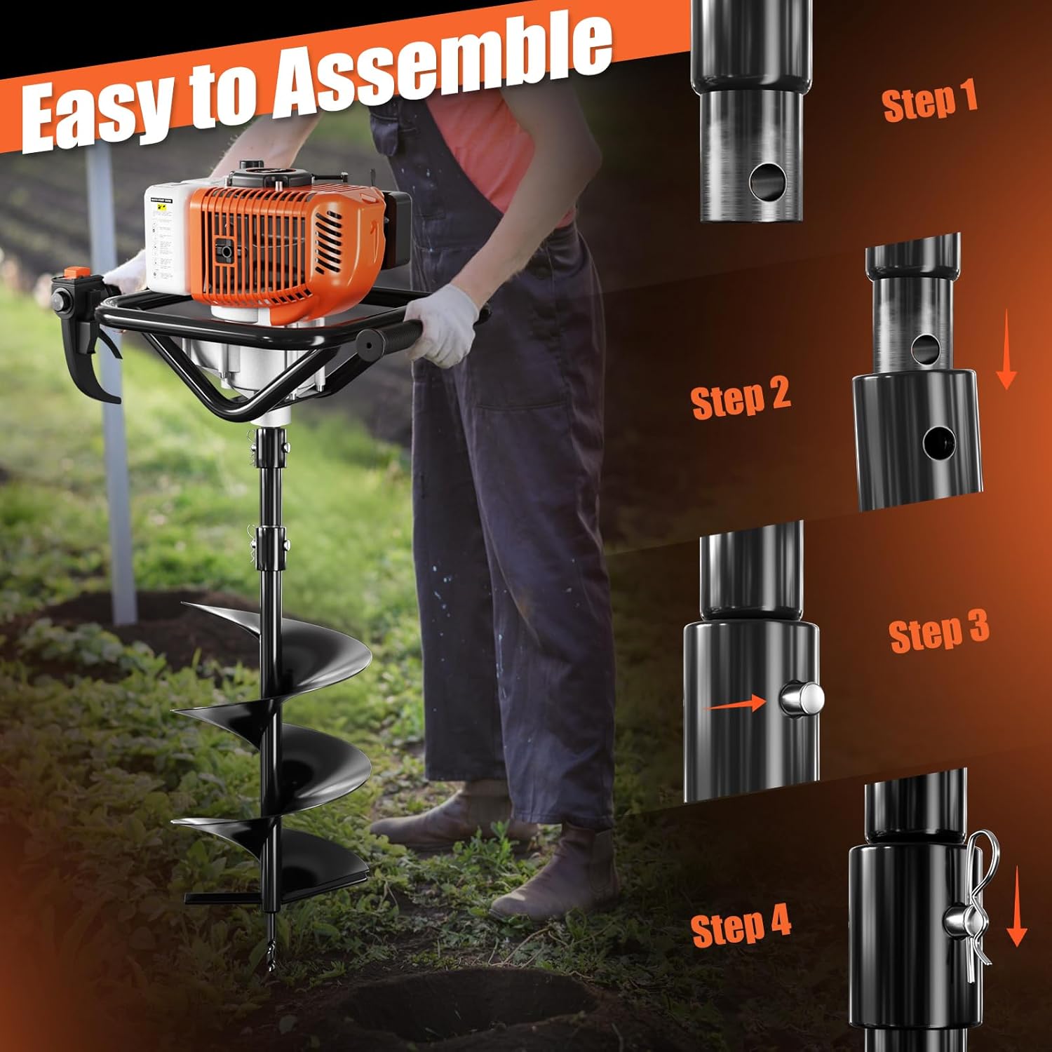 Post Hole Digger, 72cc Auger Post Hole Digger, Gas Powered Earth Digger with 2 Auger Drill Bits(6" & 8") + 2 Extension Rods31.5 & 15", for Farmland, Garden and Plant (72CC)