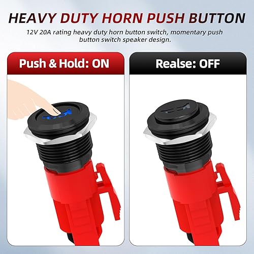 Miniatura 3 de Joinfworld Interruptor de botón de bocina 12V 20A Heavy Duty 16MM Bocina de altavoz de metal Momentario Botón pulsador azul LED Interruptor de acero