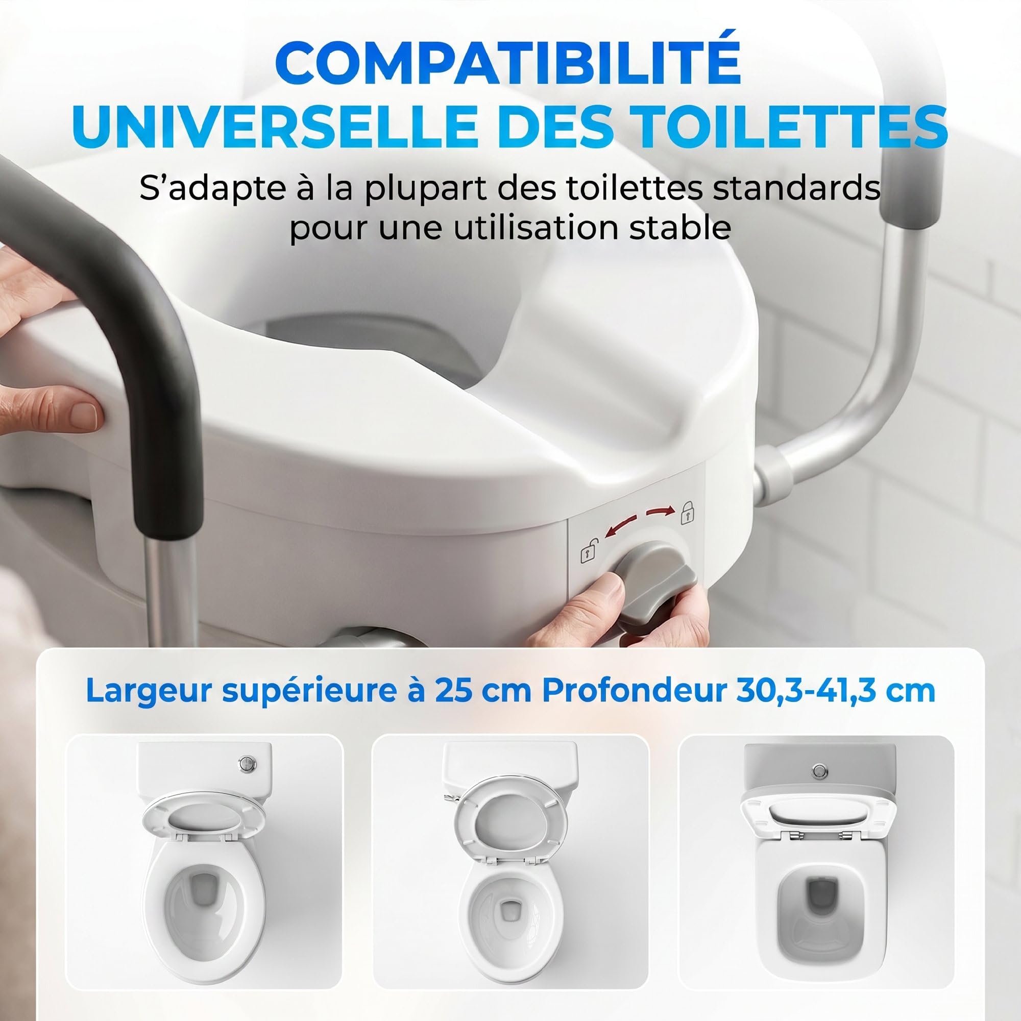 HOMCOM Rialzo sedile WC con maniglie, larghezza regolabile, braccioli imbottiti, installazione senza attrezzi, facile da montare, per anziani e convalescenti, bianco