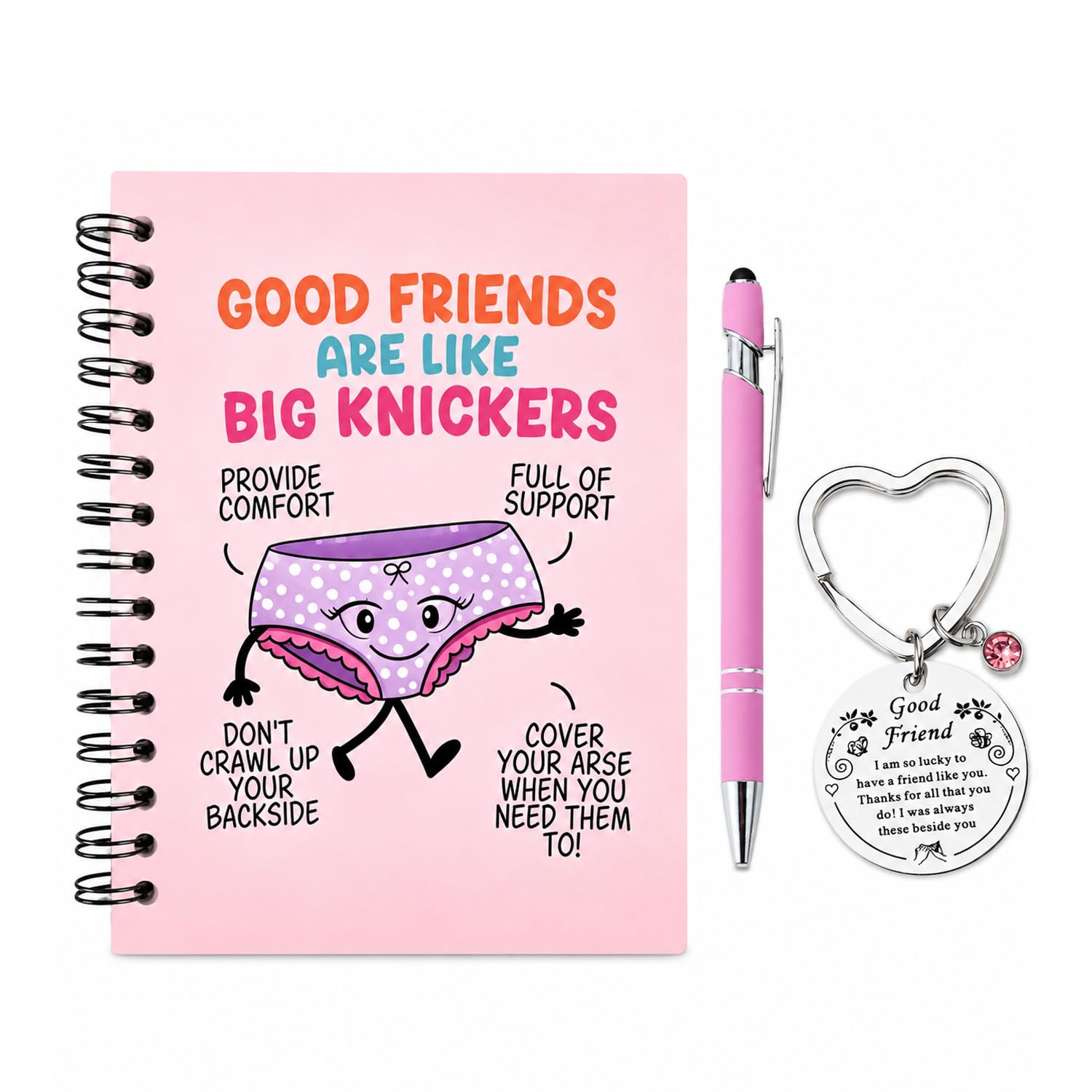 Funny Friendship Gifts for Women Best Friends, Notebook, Pen & Keychain Set