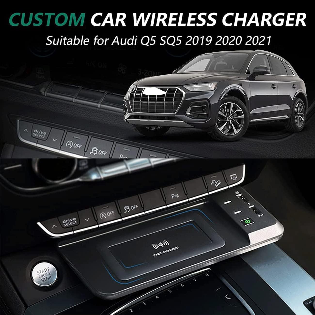 wireless car charger for a udi q5 sq5 2019 2020 2021 center console accessory panelwith qc3 0 usb port 15w fast charger mobile phone charging board f