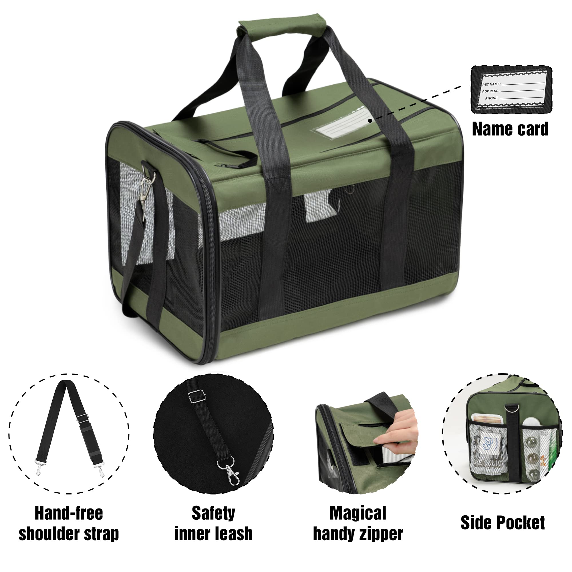 HITSLAM Trasportino Gatto, Trasportino Cane per Gatto/Gatti/Cane/Cani, Trasportino Morbido e Aereo Borsa per Animali Domestici Viaggio,Conforme agli Standard, verde (M)