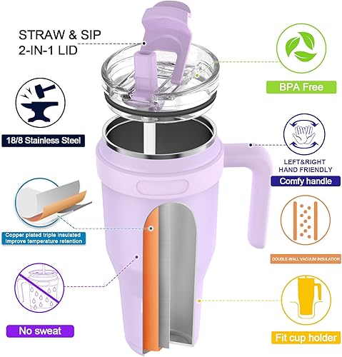 Miniatura 4 de Zukro Vaso de 40 onzas con asa y popote abatible y tapa 2 en 1, a prueba de fugas, doble pared aislada al vacío, taza de acero inoxidable aislada al