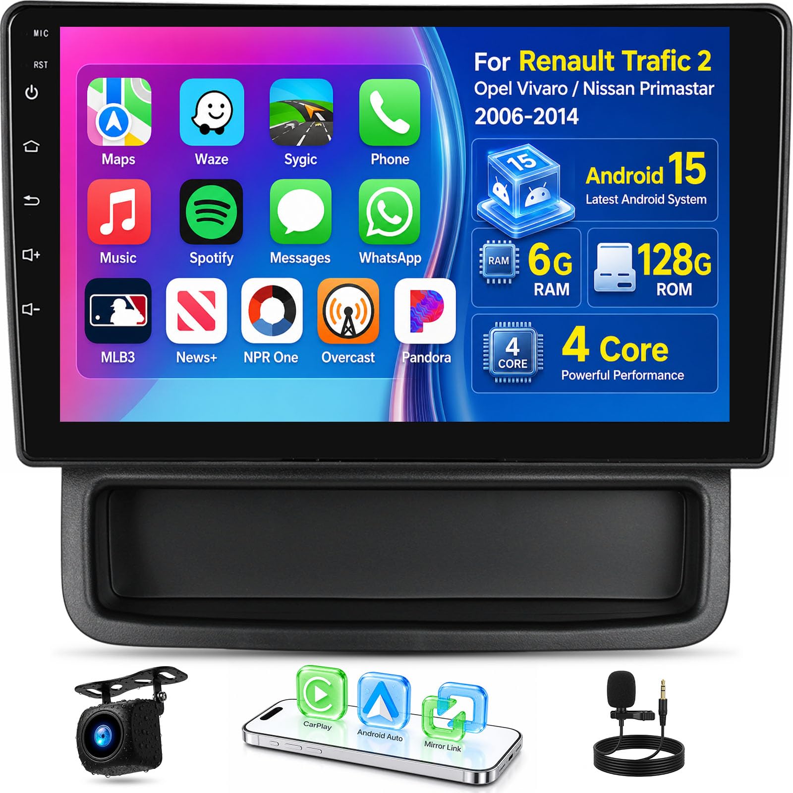 6G+128G 8-Core Android 13 Car Stereo for Renault Trafic 2/Opel Vivaro/Nissan Primastar 2006-2014 Wireless CarPlay Android Auto, 10.1'' Touchscreen with WiFi GPS BT FM RDS DSP EQ SWC Backup Camera