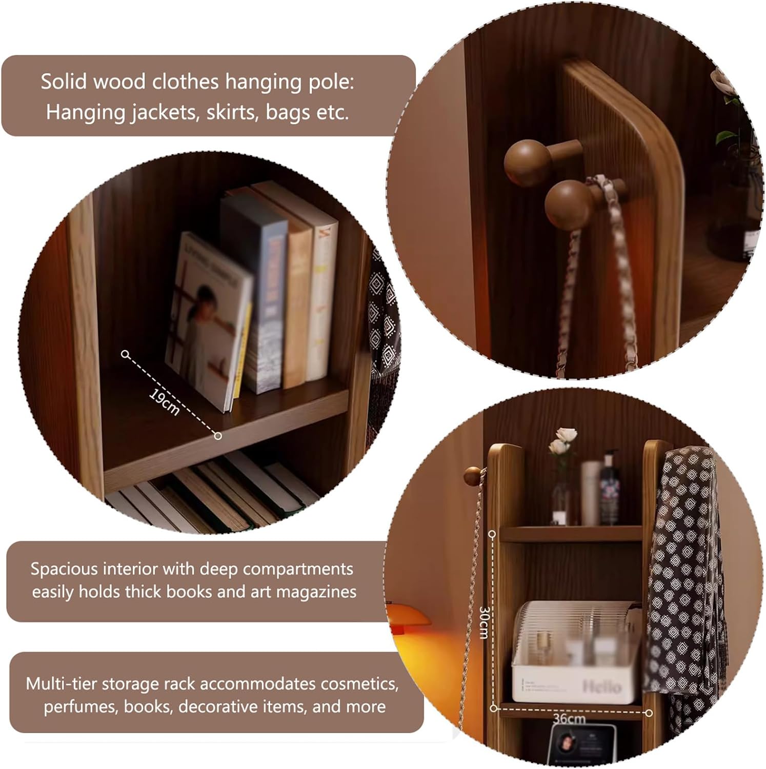 360° Rotating Full-Length Mirror with Bookcase,66“x16” Floor Mirror with Hangers, Solid Wood Coat Rack for Living Room Bedroom Entryway(15.7" W x 66.1" L, White)