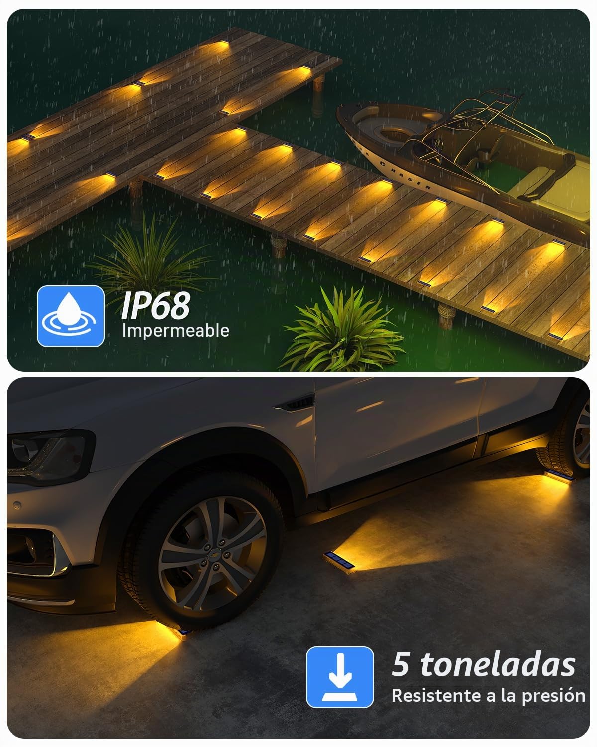 DetarZinLED Luces Solares LED Exterior Jardin, 4 uds Luces Solares Exterior Luz LED Escaleras Impermeable IP68, Blanco Cálido Luz Exteriores Solar para Escaleras, Jardin, Patios, Terraza, Valla, Deck