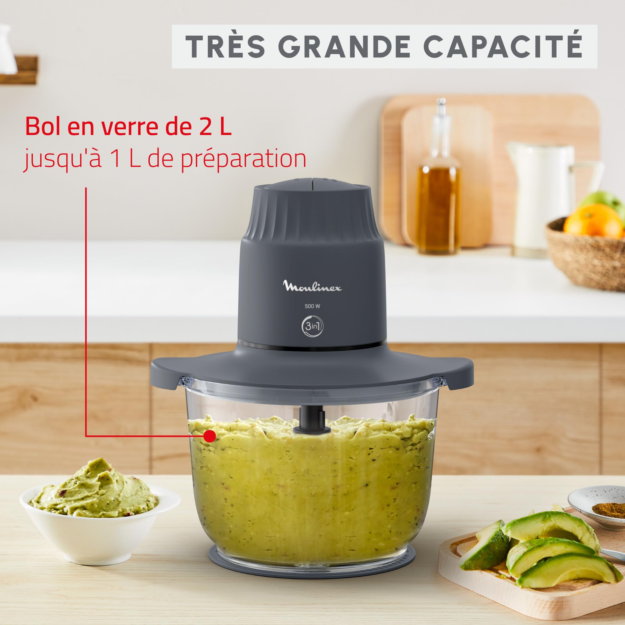 Moulinex Choppeo, Hachoir avec bol en verre, Capacité utile de 1L, Verre borosilicate, 2vitesses, Java Pepper DJ602110