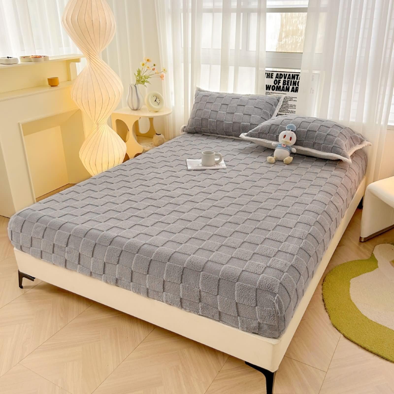 Lenzuola Sotto con Angoli Matrimoniale King Size(150 x 200 cm),Lenzuola Letto Singolo Motivo Quadrato Completo Letto Matrimoniale Estivo Grigio