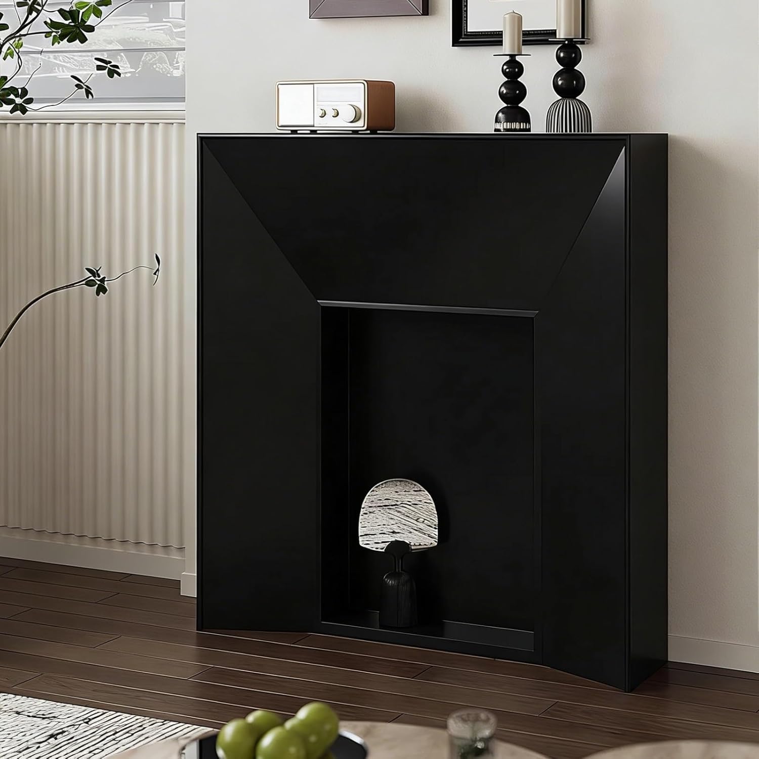 Fireplace Mantel Modern Geometric Fireplace Mantel with LED Freestanding Decorative Surround Decorative(White)