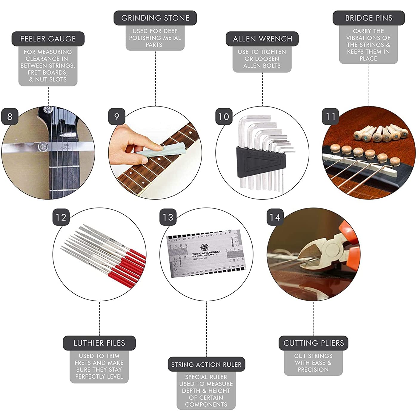 Kit d'outils de réparation et d'entretien de guitare RuiJOTWAT 54 pièces, accessoires de nettoyage et d'entretien de guitare pour tous les instruments à cordes, outils de luthier
