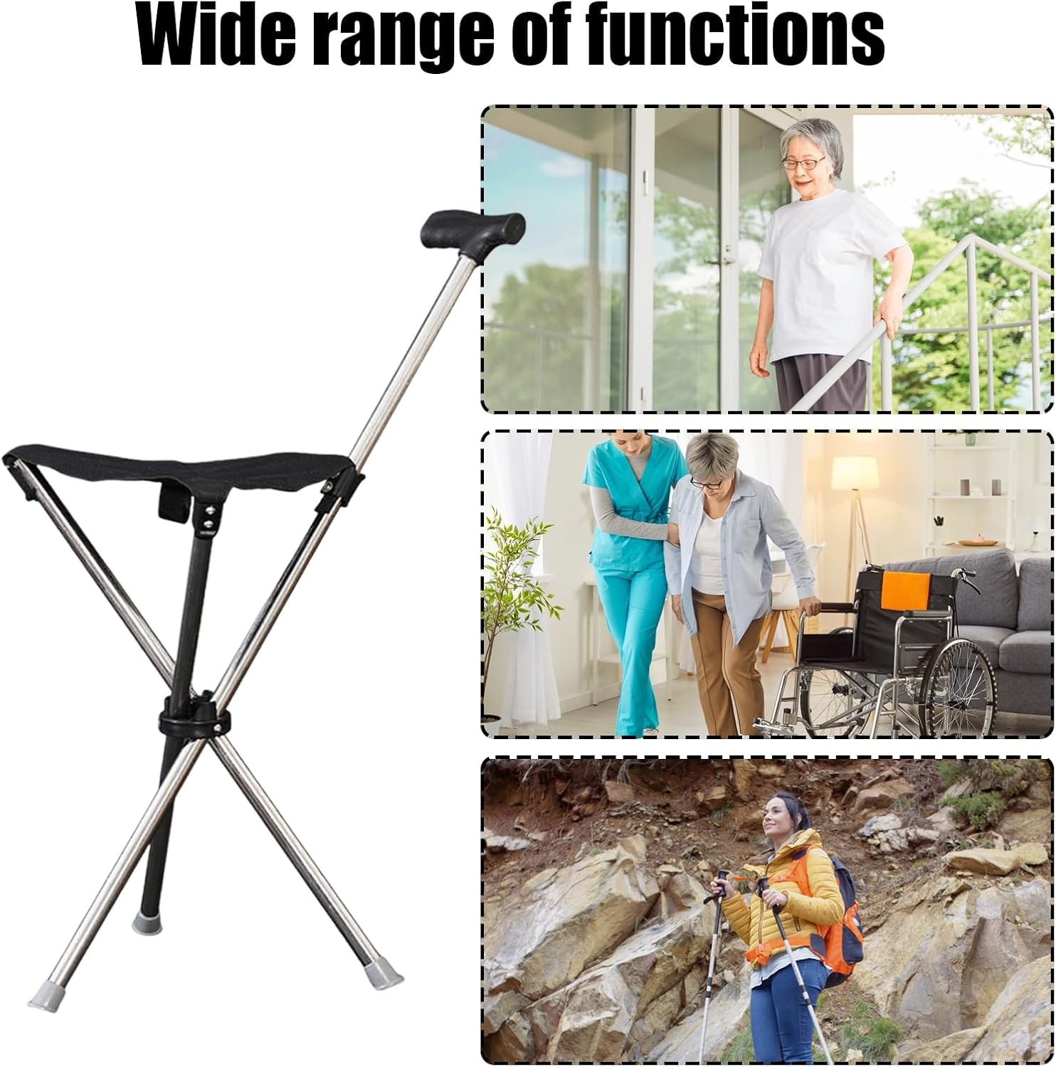 Genérico Folding Cane Seat, Portable Walking Stick – Sturdy Support Stool Travel Accessories for Older People and Men Outdoors Picnic Watching Games Music Festival