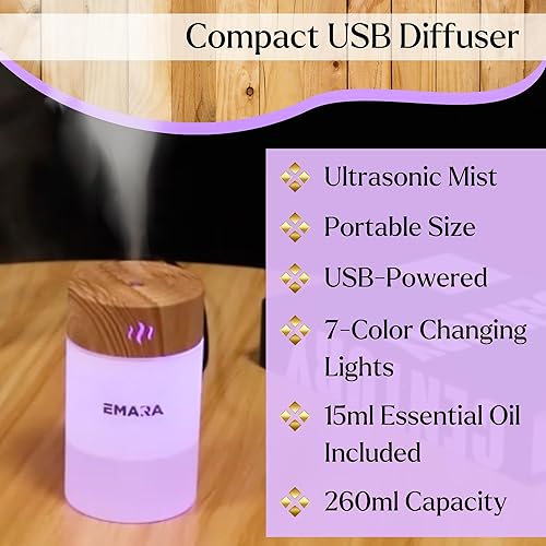 Miniatura 2 de Emara Mini difusor para aceites esenciales, luces LED de grano de madera USB de 8.8 fl oz, incluye aceite de 0.5 fl oz, difusor portátil para