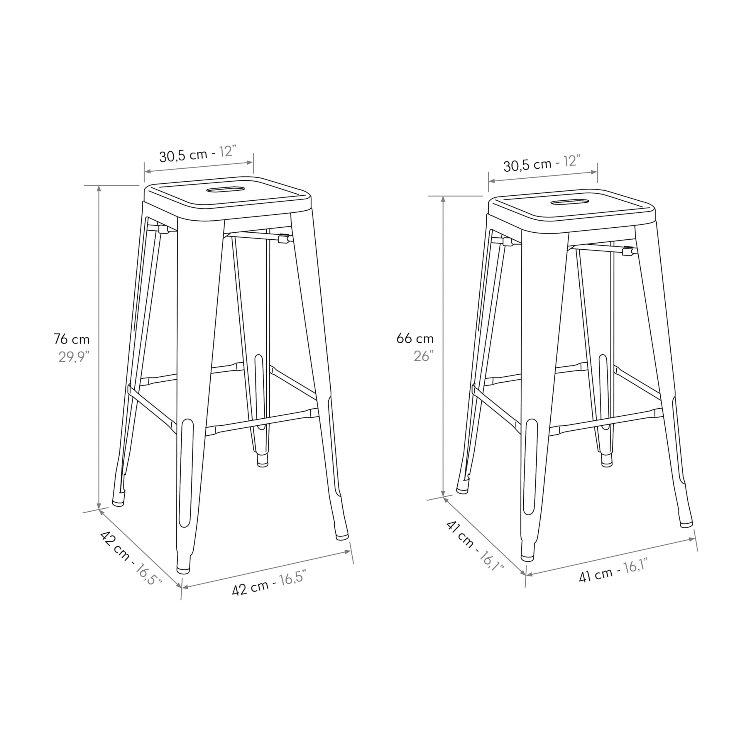 PAZZO DESIGN Sgabello da bar e cucina, Set da 4, Grigio, 42x42x76, Gambe Metallo, Sala da Pranzo, Impilabili, Per Bistrò Bar e Ristoranti, Cucina, per Interni - id_2333