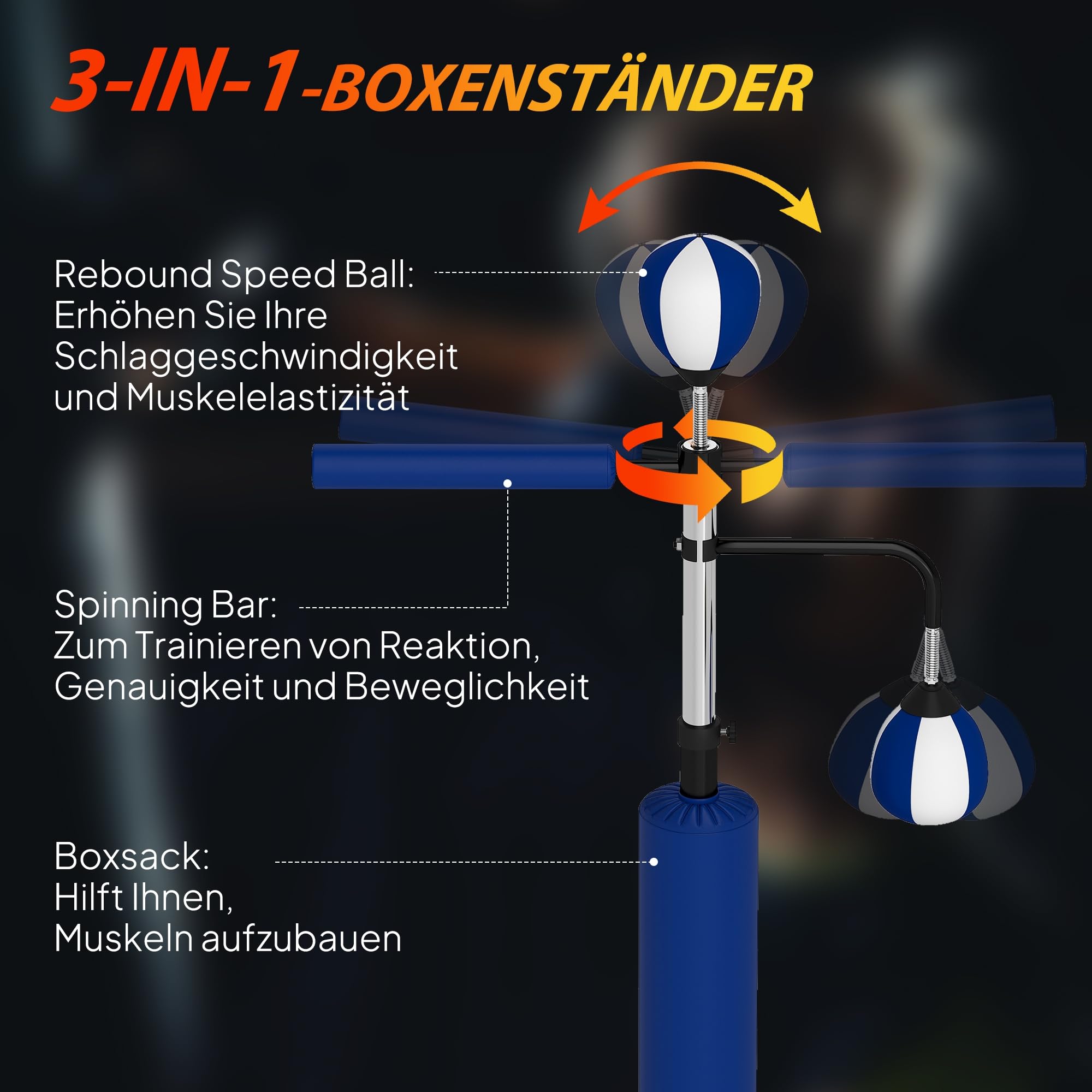 SPORTNOW Boxsack freistehend 140-205cm aufblasbarer Standboxsack mit Pumpe, Saugfuß 2 Reflexsbälle Punchingball Set höhenverstellbar Kickboxsack Speed Ball für Erwachsene Jugendliche Krafttraining