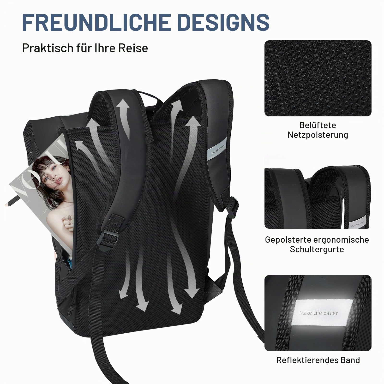 Lekeinchi Rolltop Rucksack Damen & Herren, Elegant Laptop Rucksack Wasserdicht mit 17 Zoll Laptopfach, Großer Reiserucksack Tagesrucksack Schulrucksack für Reisen, Uni Schule, Arbeit - Schwarz_XL