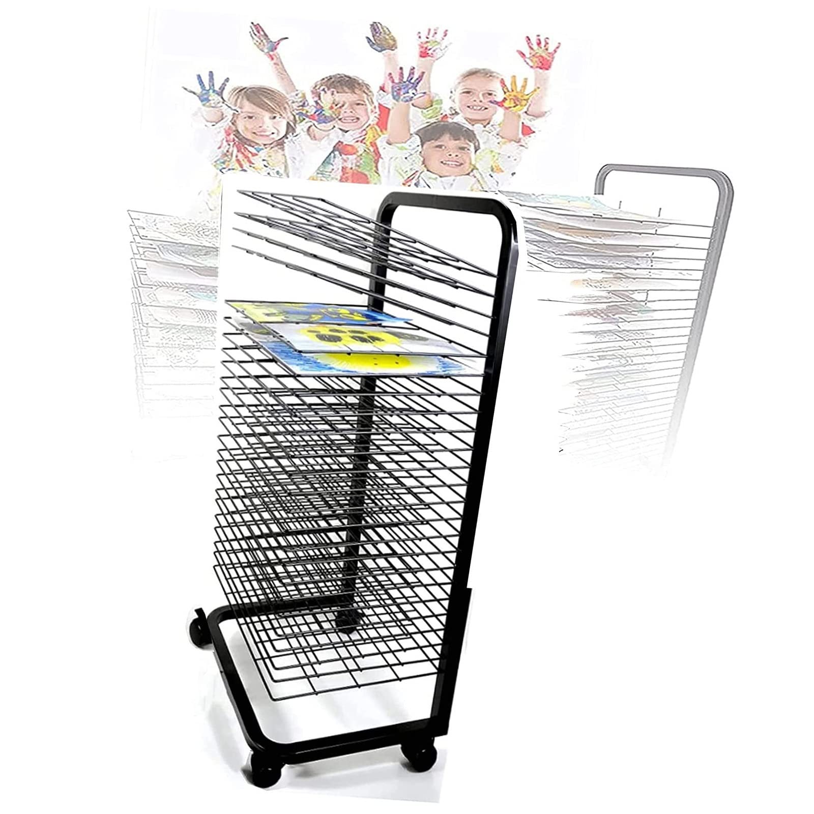 Aioneer Art Drying Rack For Classroom - Sided Wire Drying Shelf, Flexible Shelves Mobile Cart Art Drying Rack, Stackable Metal Stainless Steel Art Rack, For Painting Craft Artwork Canvas,35,layer