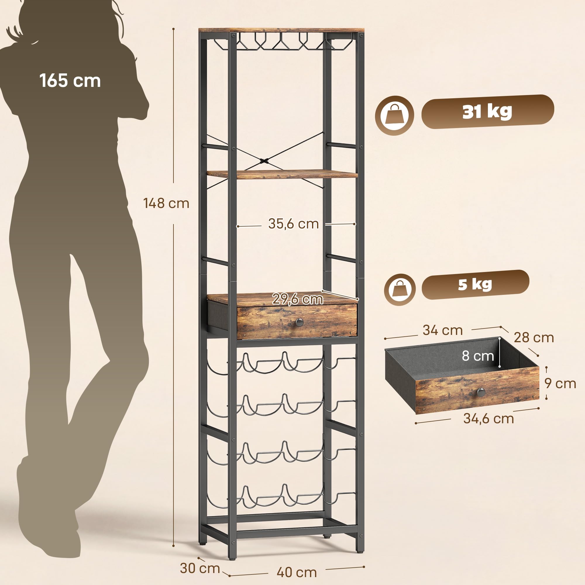 HOMCOM Casier à Bouteilles pour 12 Bouteilles, casier à vin avec étagère Ouverte et tiroir, Style Industriel, étagère à vin en métal pour Cuisine, Salon, Bar, 40 x 30 x 148 cm, Brun Rustique