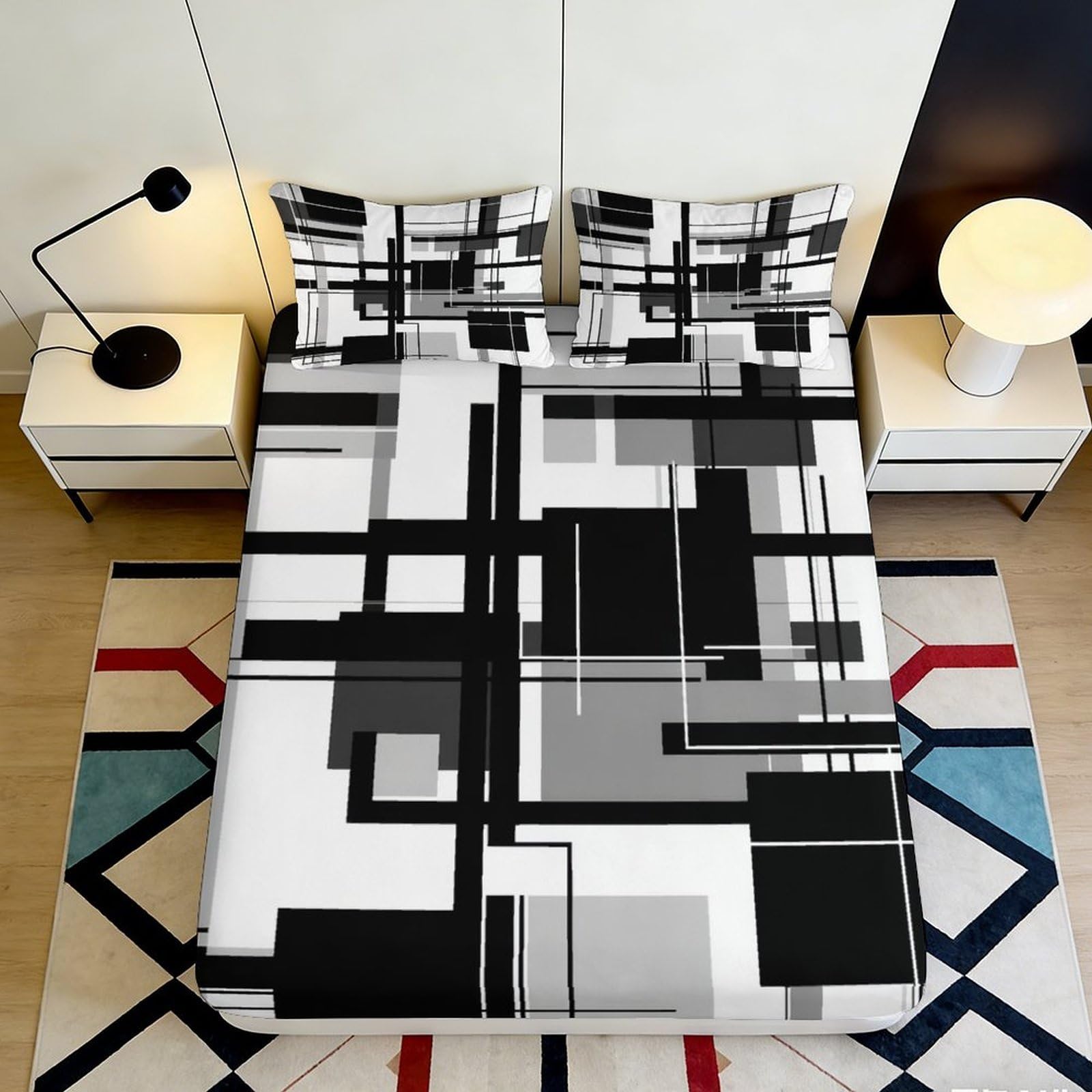3D Printed Geometric Abstract Fitted Sheet Microfiber Black White Blocks Mattress Cover for Bedroom Dorm Decor 90x200x25cm